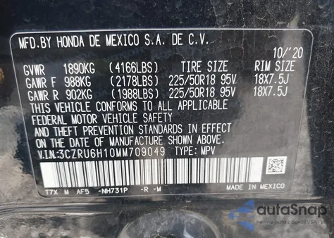 2021 Honda Hr-V Awd Sport from USA, damaged, VIN 3CZRU6H10MM709049